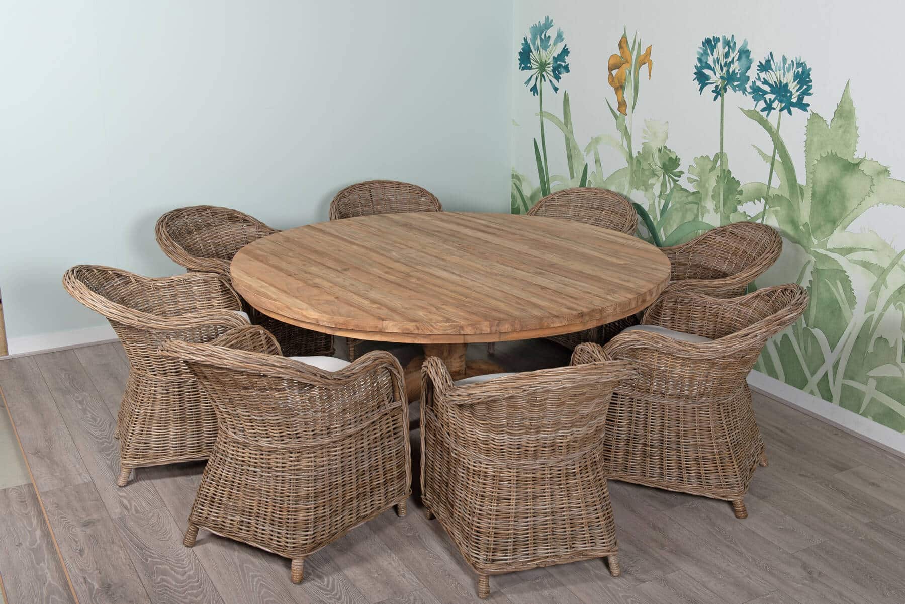 8 Seater Dining Set | 1.8m Round Reclaimed Teak Dining Table with 8 Natural Kubu Wicker Tub Chairs and Natural Cushions