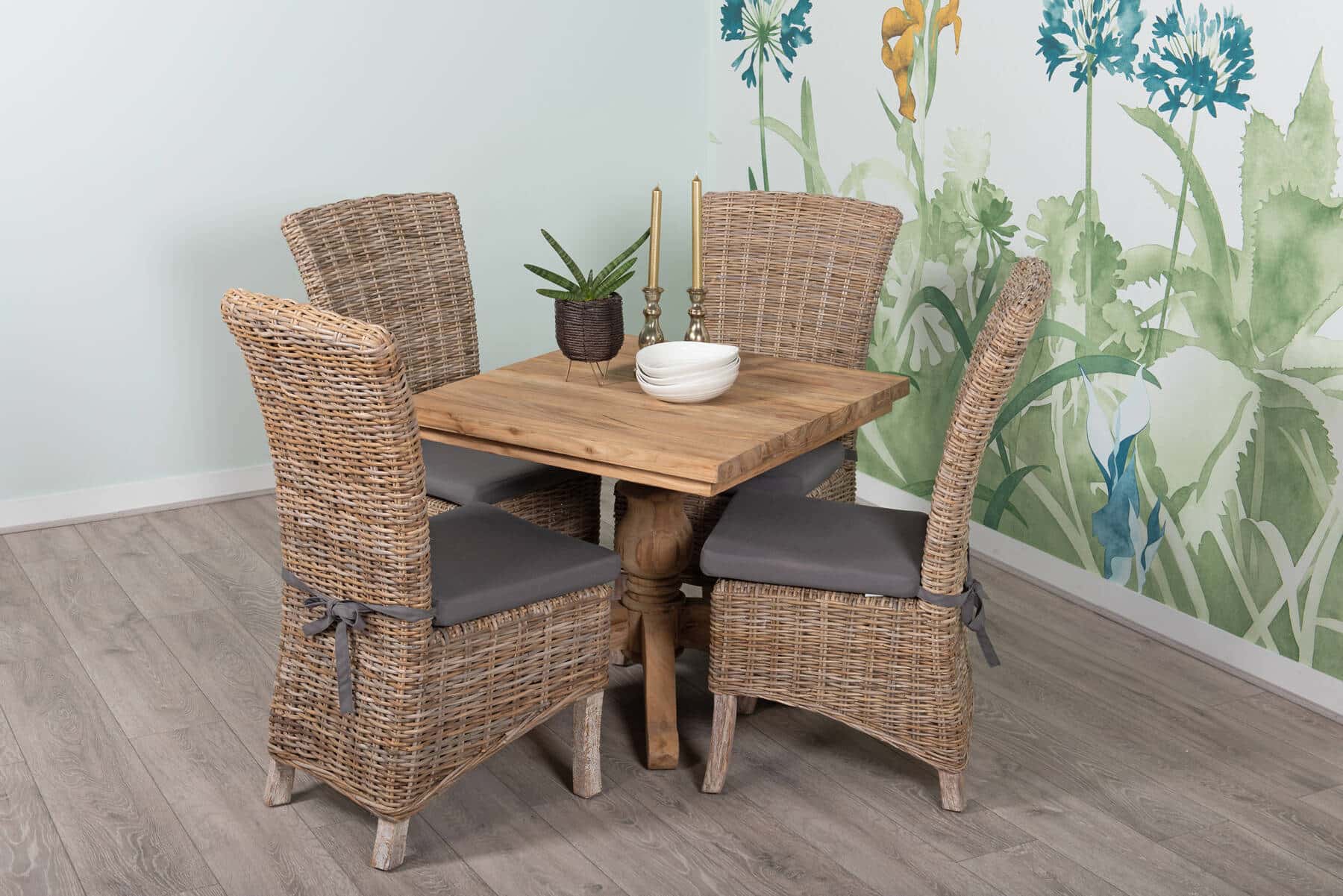 4 Seater Dining Set | 80cm Square Reclaimed Teak Dining Table with 4 Natural Kubu Rattan Wicker Dining Chairs and Grey Cushions