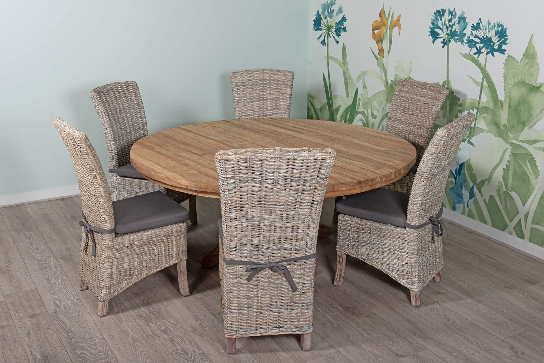 1.8m Reclaimed Teak Dining Set - 6 Seater | 1.8m Round Reclaimed Teak Dining Table with 6 Whitewash Rattan Dining Chairs and Grey Cushion