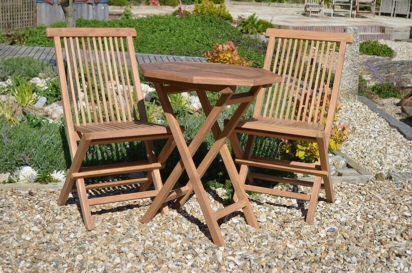 2 Seater Suffolk Teak Garden Bistro Set - Suffolk 60cm Octagonal Folding Table with 2 Teak Folding Chairs