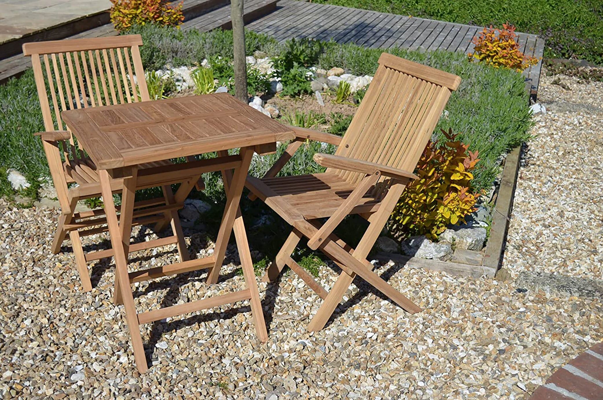 2 Seater Malvern Teak Garden Dining Set - Malvern 70cm Square Folding Table with 2 Teak Folding Armchairs