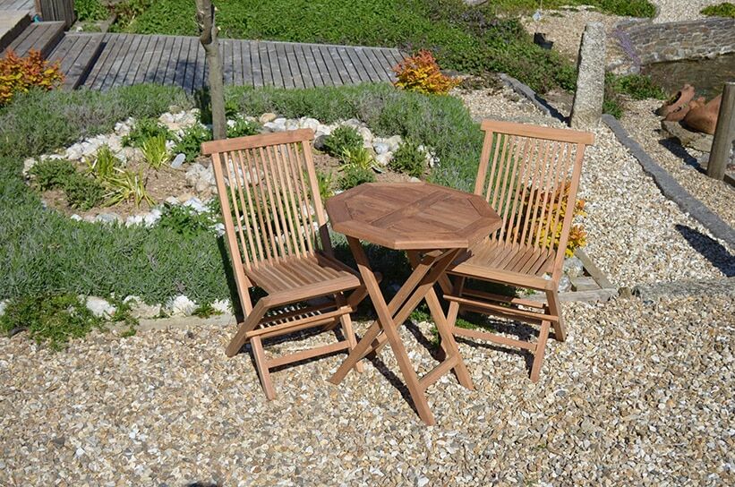 2 Seater Suffolk Teak Garden Bistro Set - Suffolk 60cm Octagonal Folding Table with 2 Teak Folding Chairs