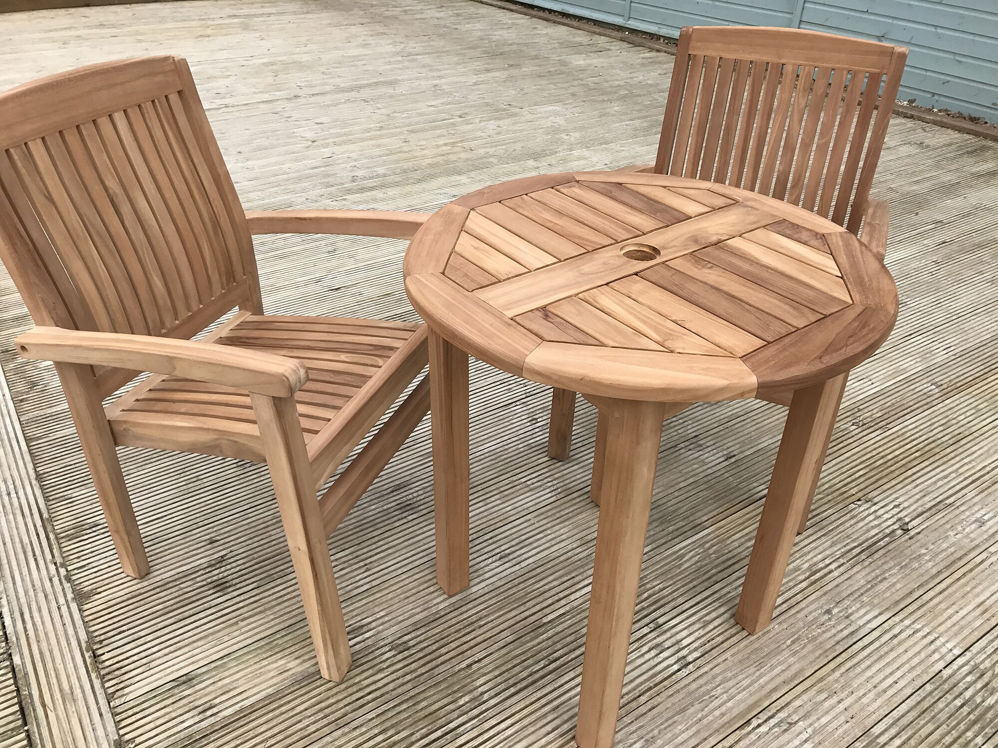 2 Seater Lyndhurst Teak Garden Dining Set - Lyndhurst 70cm Round Fixed Table with 2 Teak Marlborough Stacking Armchairs