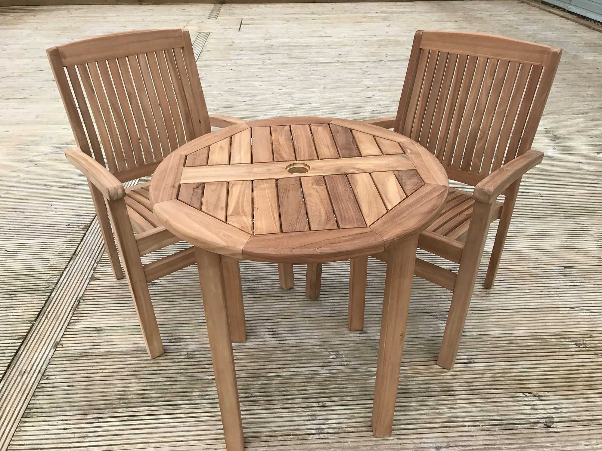 2 Seater Lyndhurst Teak Garden Dining Set - Lyndhurst 70cm Round Fixed Table with 2 Teak Marlborough Stacking Armchairs