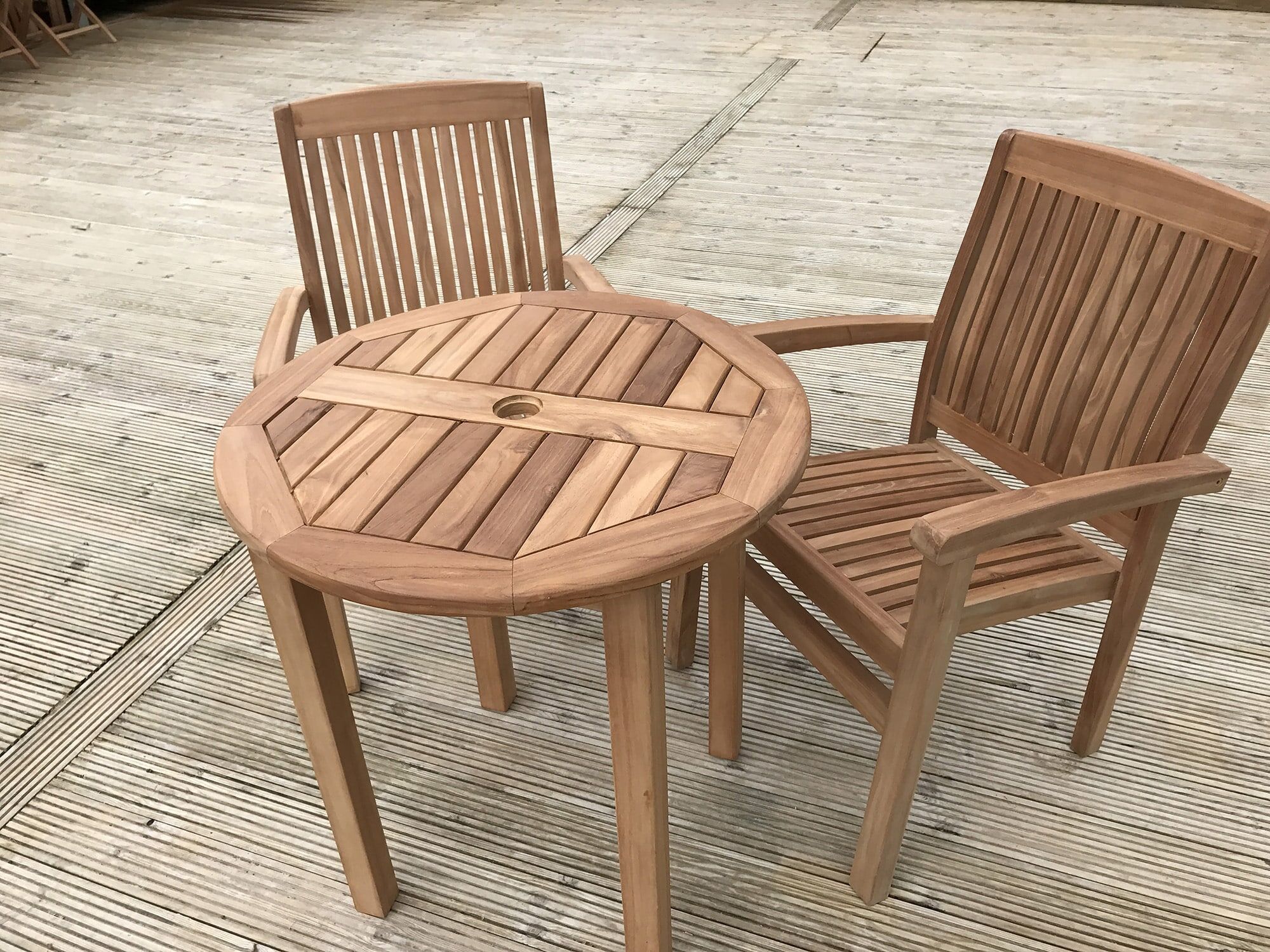 2 Seater Lyndhurst Teak Garden Dining Set - Lyndhurst 70cm Round Fixed Table with 2 Teak Marlborough Stacking Armchairs