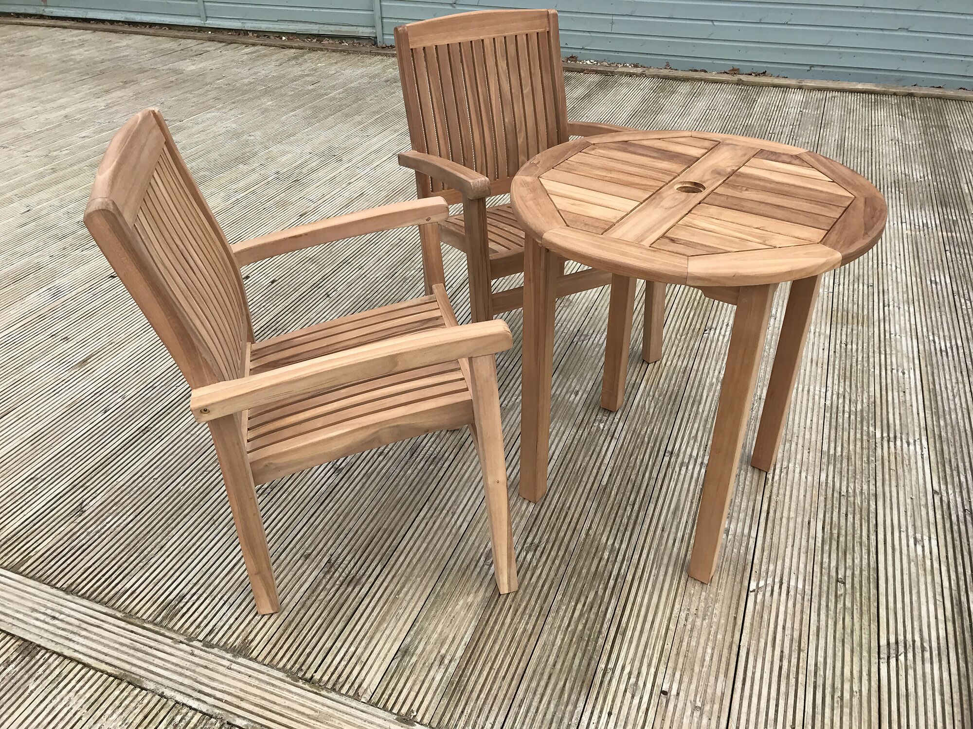 2 Seater Lyndhurst Teak Garden Dining Set - Lyndhurst 70cm Round Fixed Table with 2 Teak Marlborough Stacking Armchairs