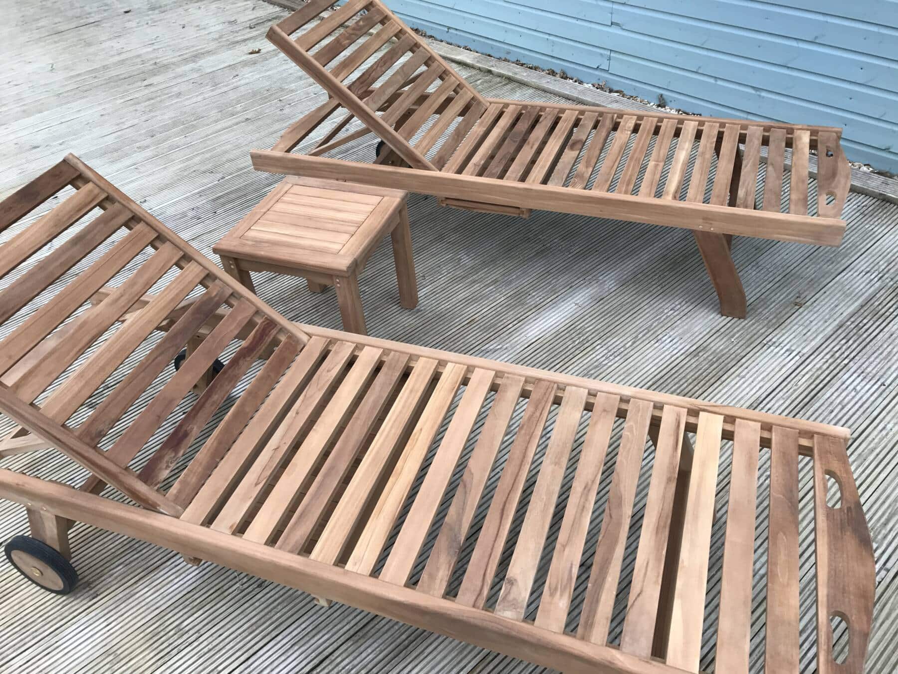 2 Seater Malmesbury Teak Garden Coffee Table Set - Malmesbury Teak 45cm Square Coffee Table with Shelf with 2 Teak Adjustable Sun Loungers