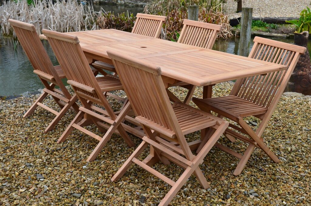 6 Seater Zennor Teak Garden Dining Set - Zennor Teak 1.5m-2.1m Rectangular Extending Table with 6 Teak Folding Chairs