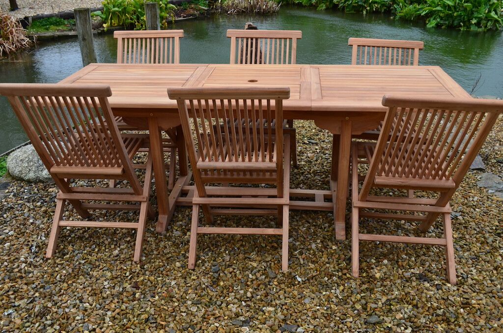 6 Seater Zennor Teak Garden Dining Set - Zennor Teak 1.5m-2.1m Rectangular Extending Table with 6 Teak Folding Chairs