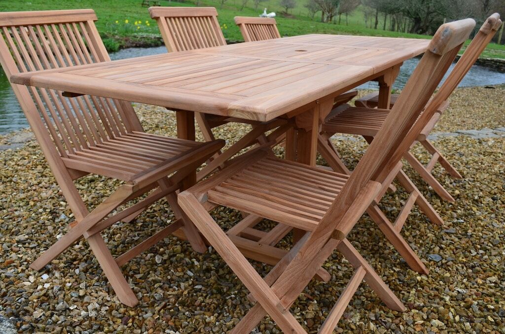 6 Seater Zennor Teak Garden Dining Set - Zennor Teak 1.5m-2.1m Rectangular Extending Table with 6 Teak Folding Chairs