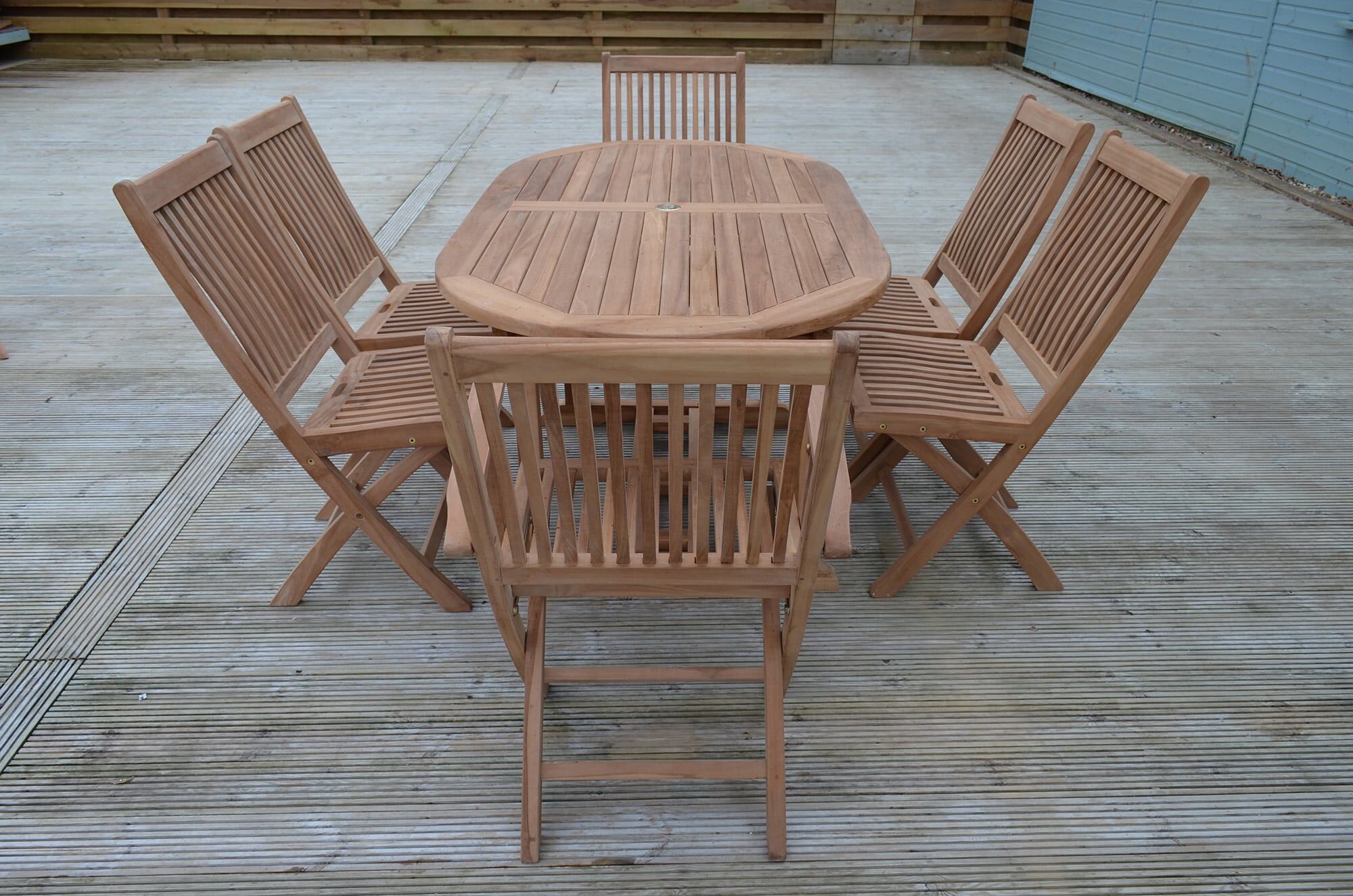 6 Seater Acle Teak Garden Dining Set - Acle 1.6m Oval Fixed Table with 2 Premium Folding Armchairs and 4 Premium Folding Chairs