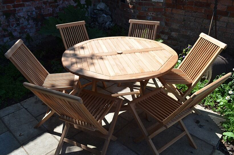 Teak Garden Dining Set | 6 Seater Set | Mortimer 1.2m Round Folding Table with 6 Teak Folding Chairs