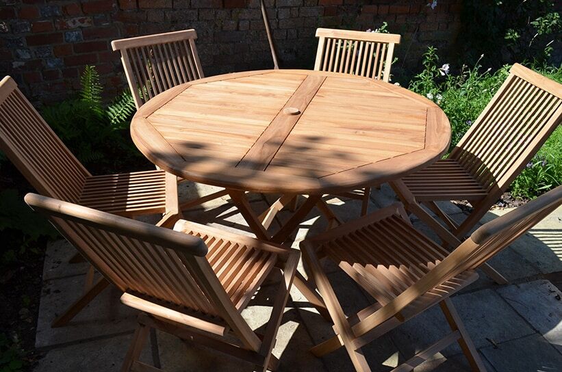 Teak Garden Dining Set | 6 Seater Set | Mortimer 1.2m Round Folding Table with 6 Teak Folding Chairs
