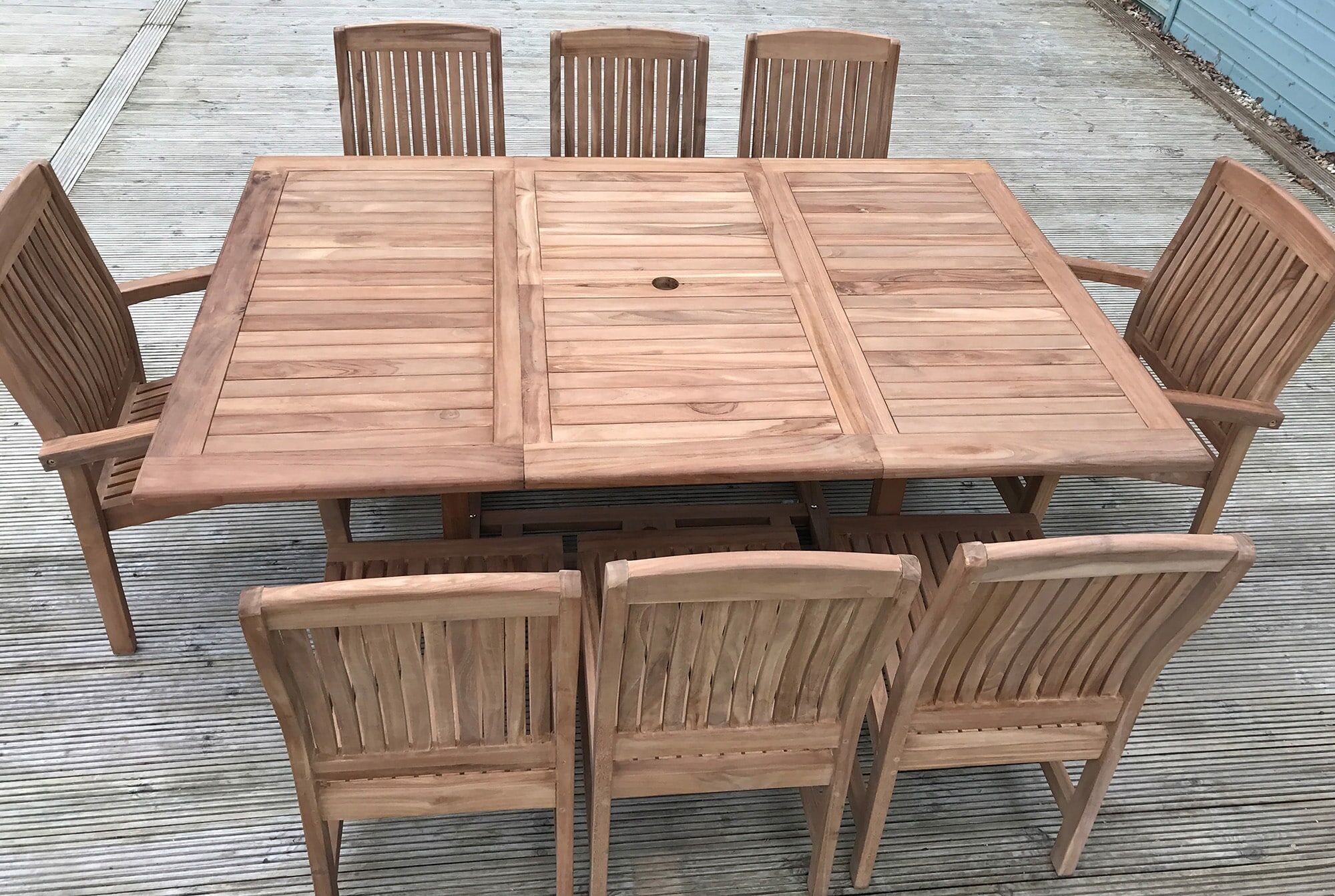 8 Seater Lewes Teak Garden Dining Set - Lewes 1.2m-1.8m Square Extending Table with 2 Marlborough Armchairs and 6 Teak Dining Chairs