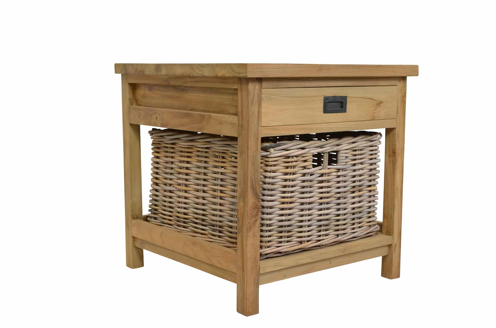 Reclaimed Teak Side Table With Drawer and Storage Basket