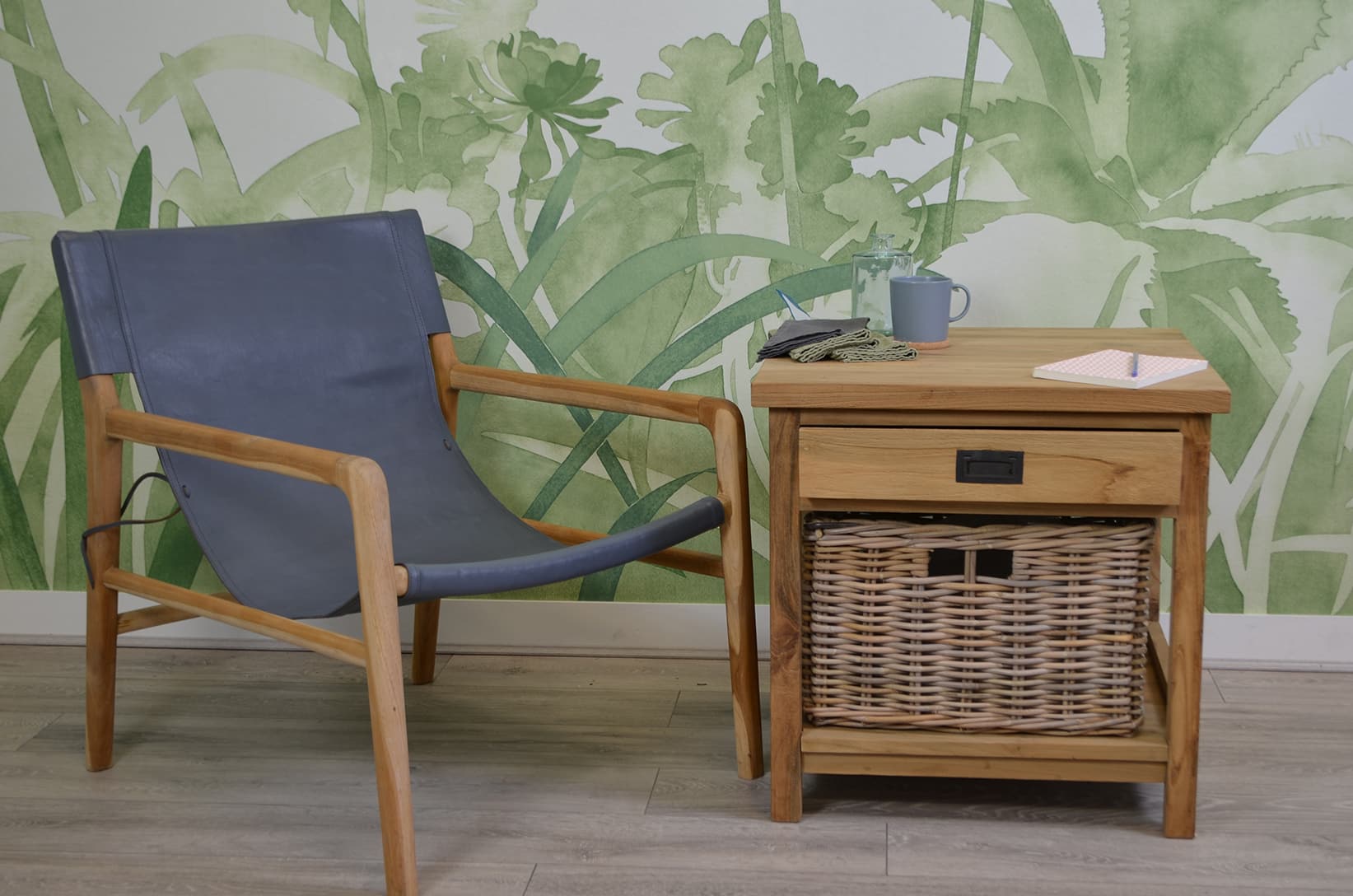 Reclaimed Teak Side Table With Drawer and Storage Basket
