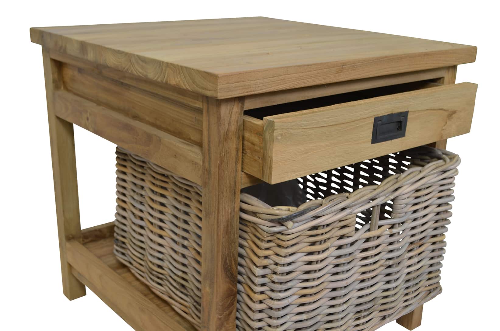 Reclaimed Teak Side Table With Drawer and Storage Basket