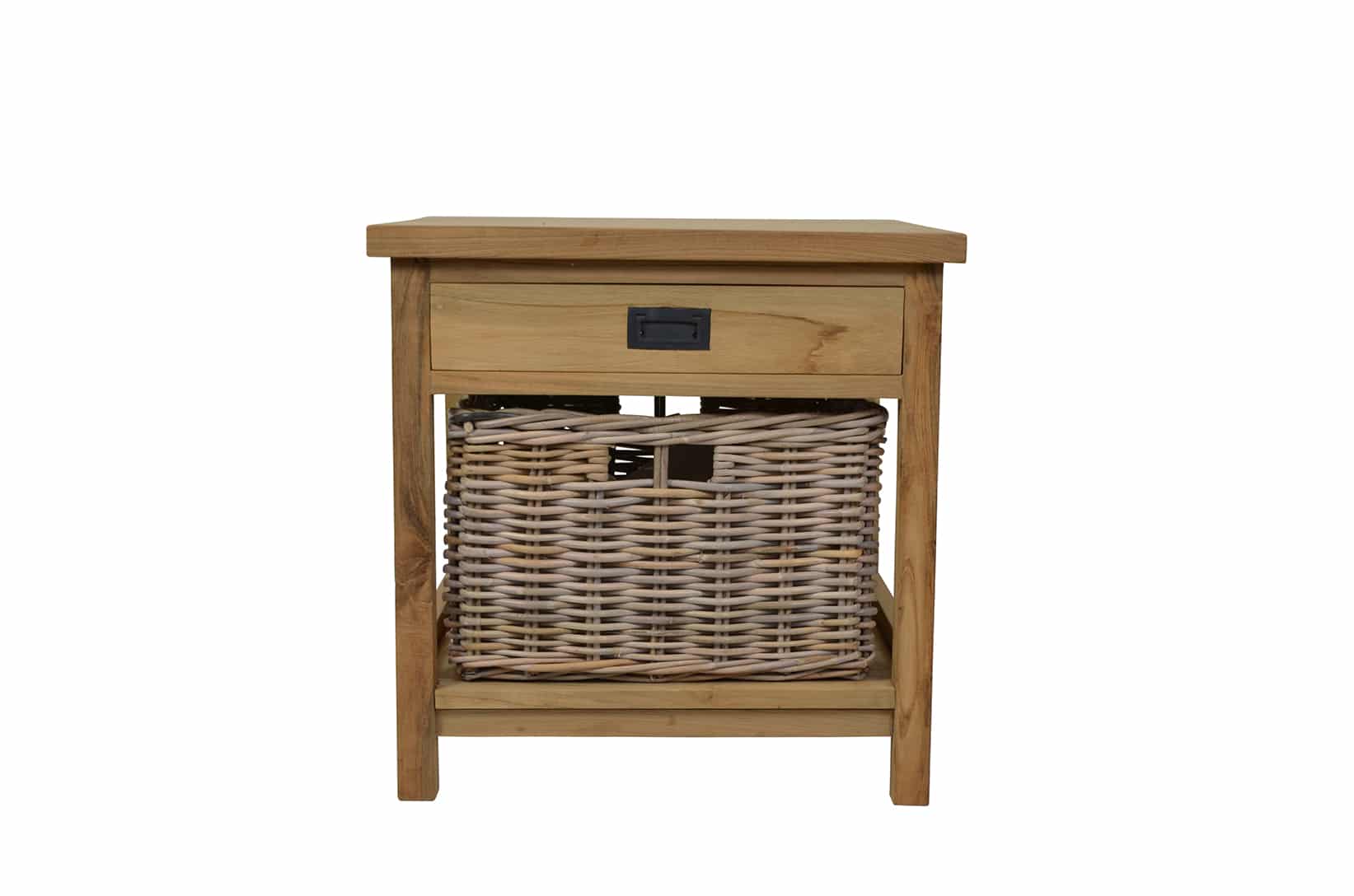 Reclaimed Teak Side Table With Drawer and Storage Basket