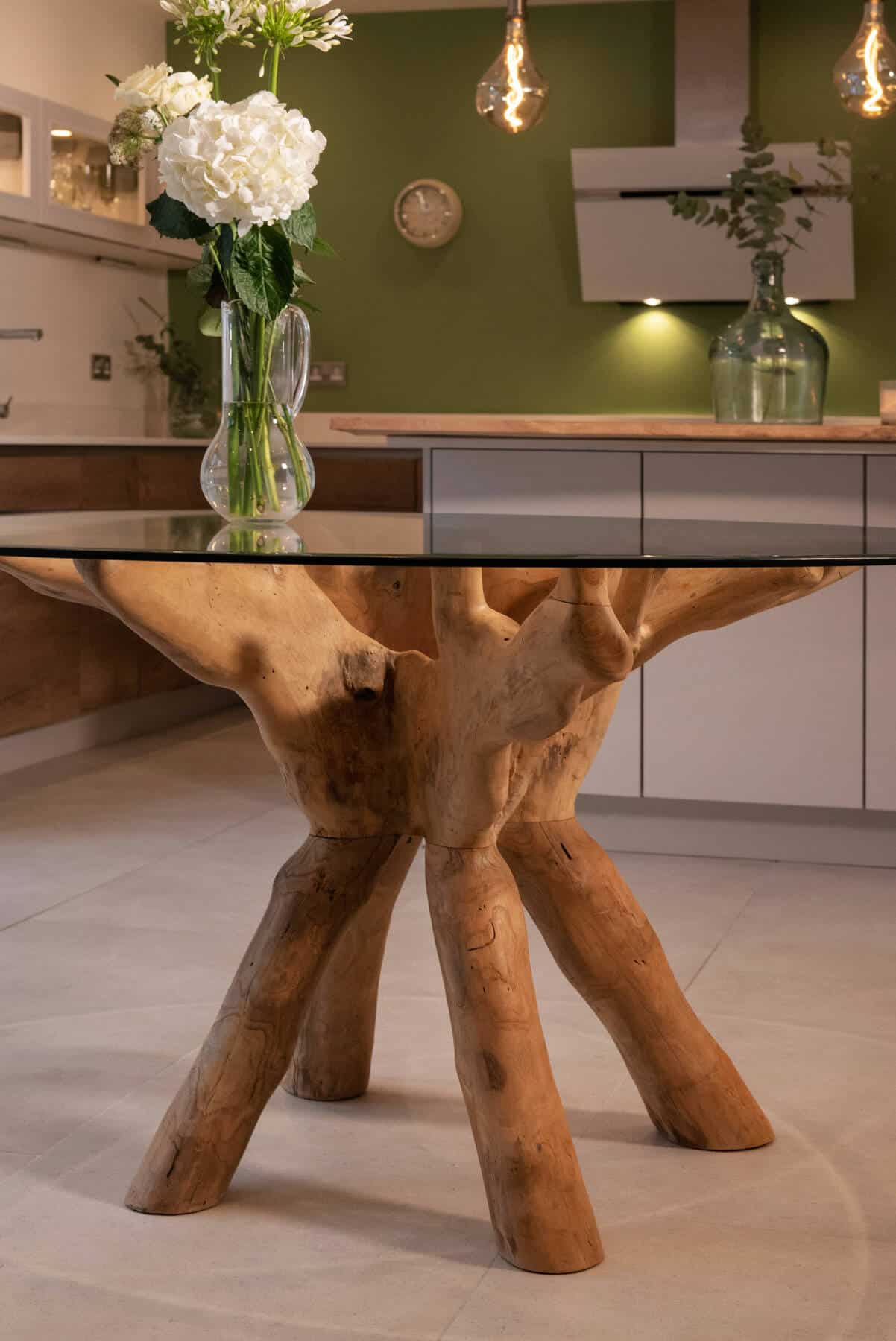 1.5m Round Teak Root Dining Table with Glass Top - Seats 6