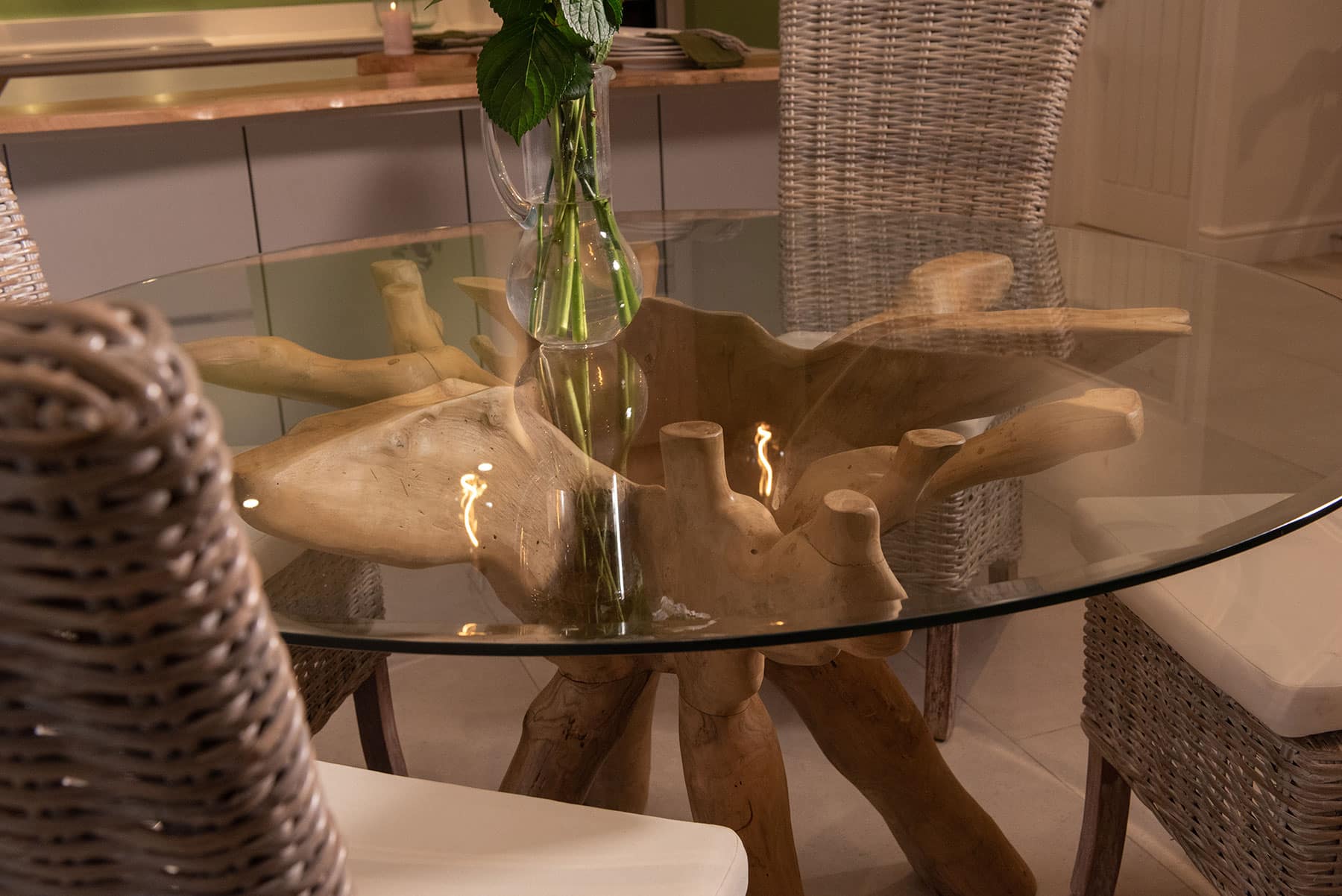 1.5m Round Teak Root Dining Table with Glass Top - Seats 6