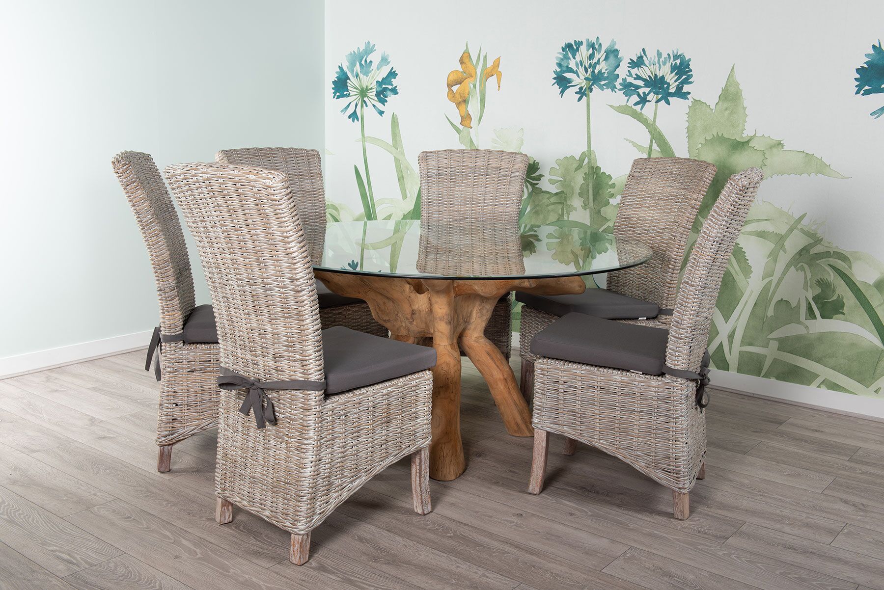 1.5m Round Teak Root Dining Table with Glass Top - Seats 6