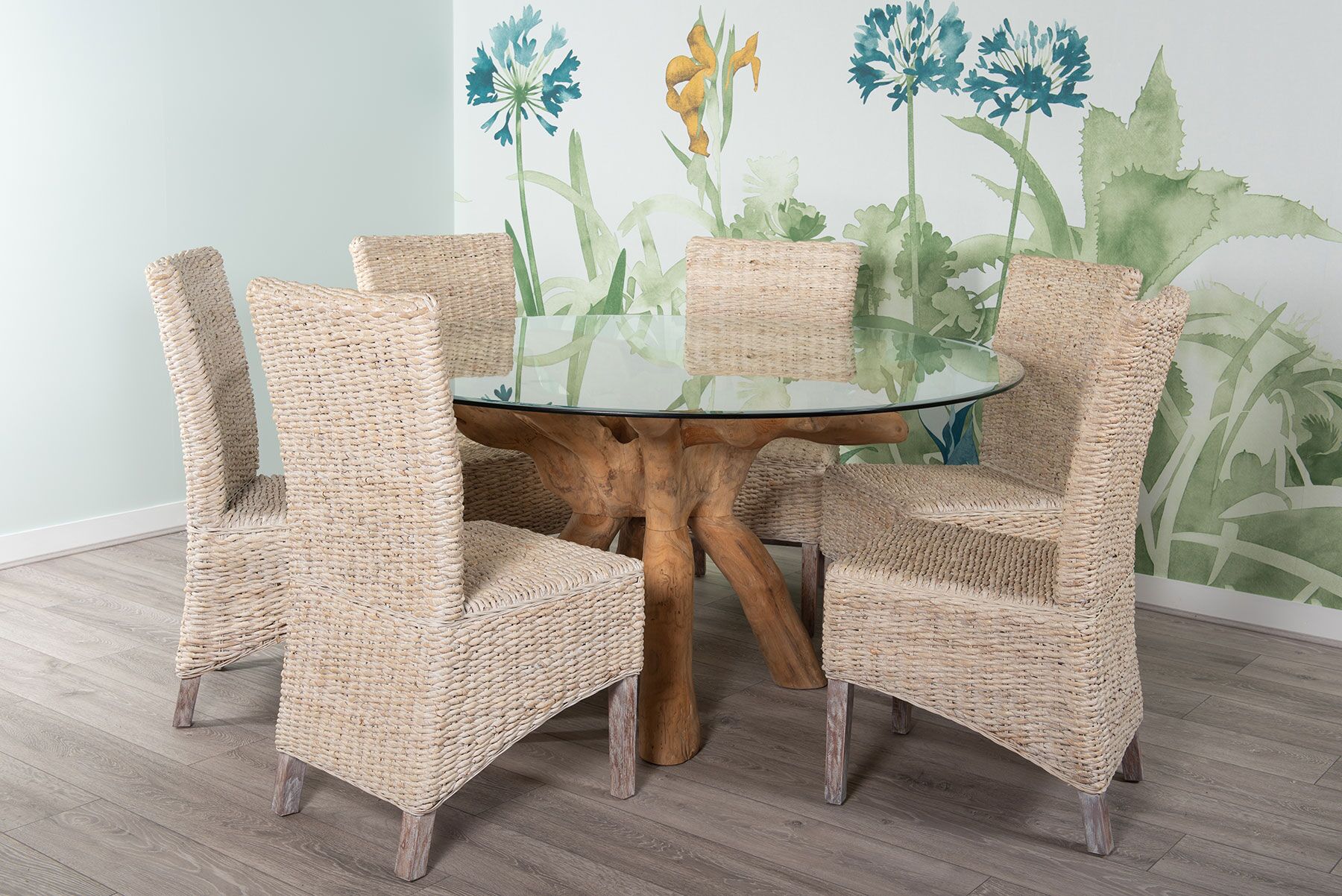 1.5m Round Teak Root Dining Table with Glass Top - Seats 6