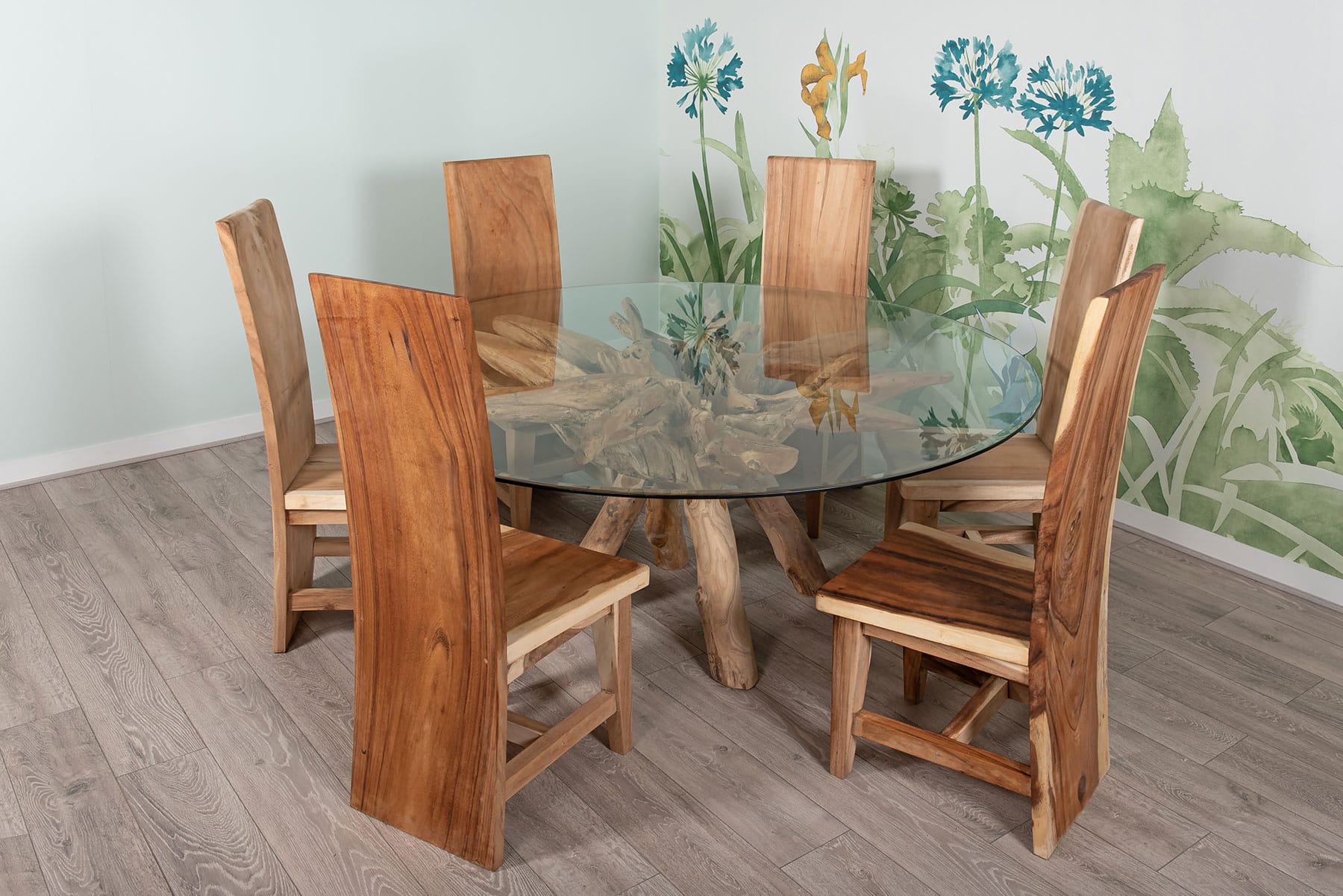 1.5m Round Teak Root Dining Table with Glass Top - Seats 6