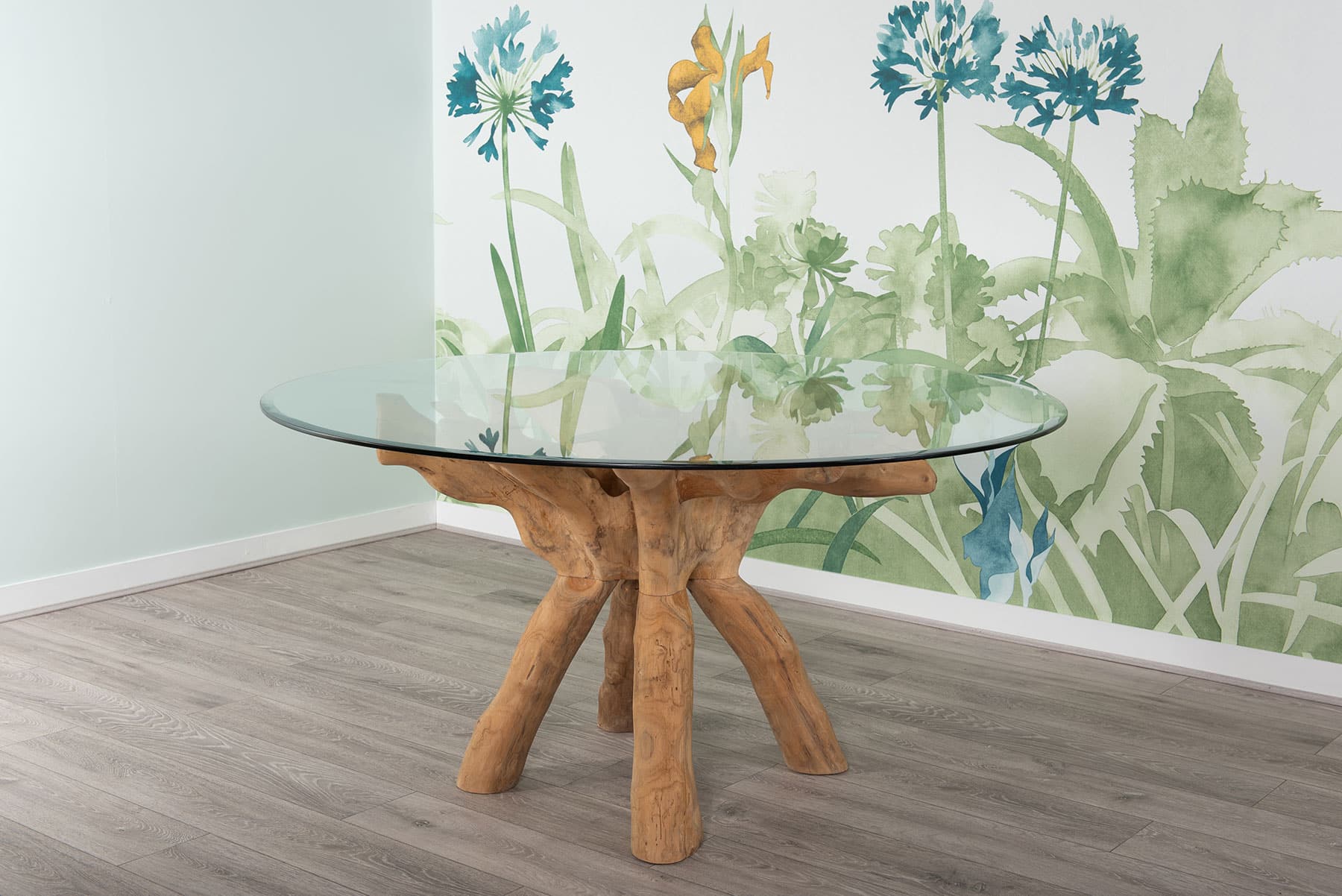 1.5m Round Teak Root Dining Table with Glass Top - Seats 6