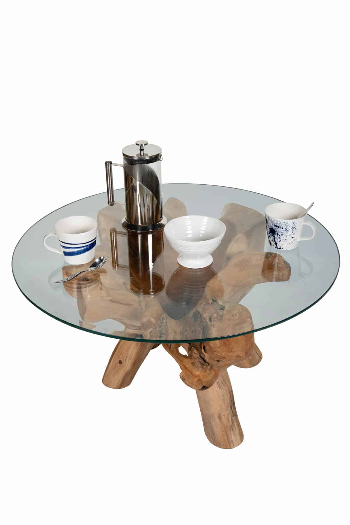 Teak Root Coffee Table with 80cm Round Glass Top