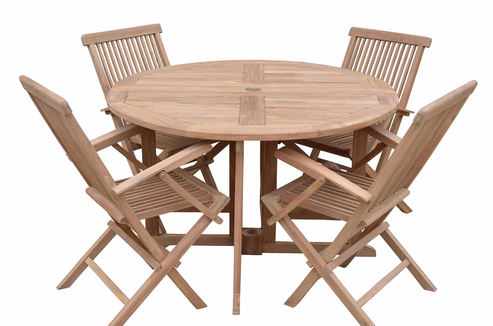4 Seater Bucklebury Teak Garden Dining Set - Bucklebury 1.2m Round Gateleg Table with 4 Teak Folding Armchairs