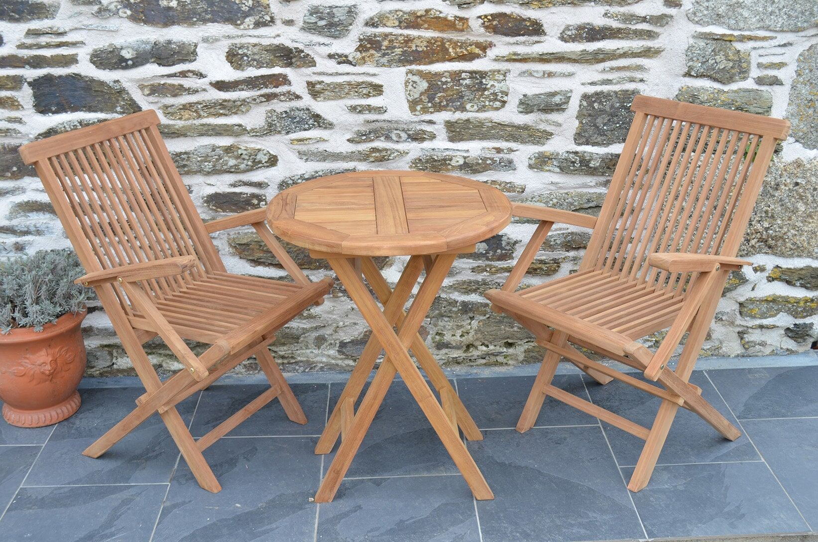 Teak Garden Bistro Set | 2 Seater Set | Mortimer 60cm Round Teak Folding Table with 2 Teak Folding Armchairs
