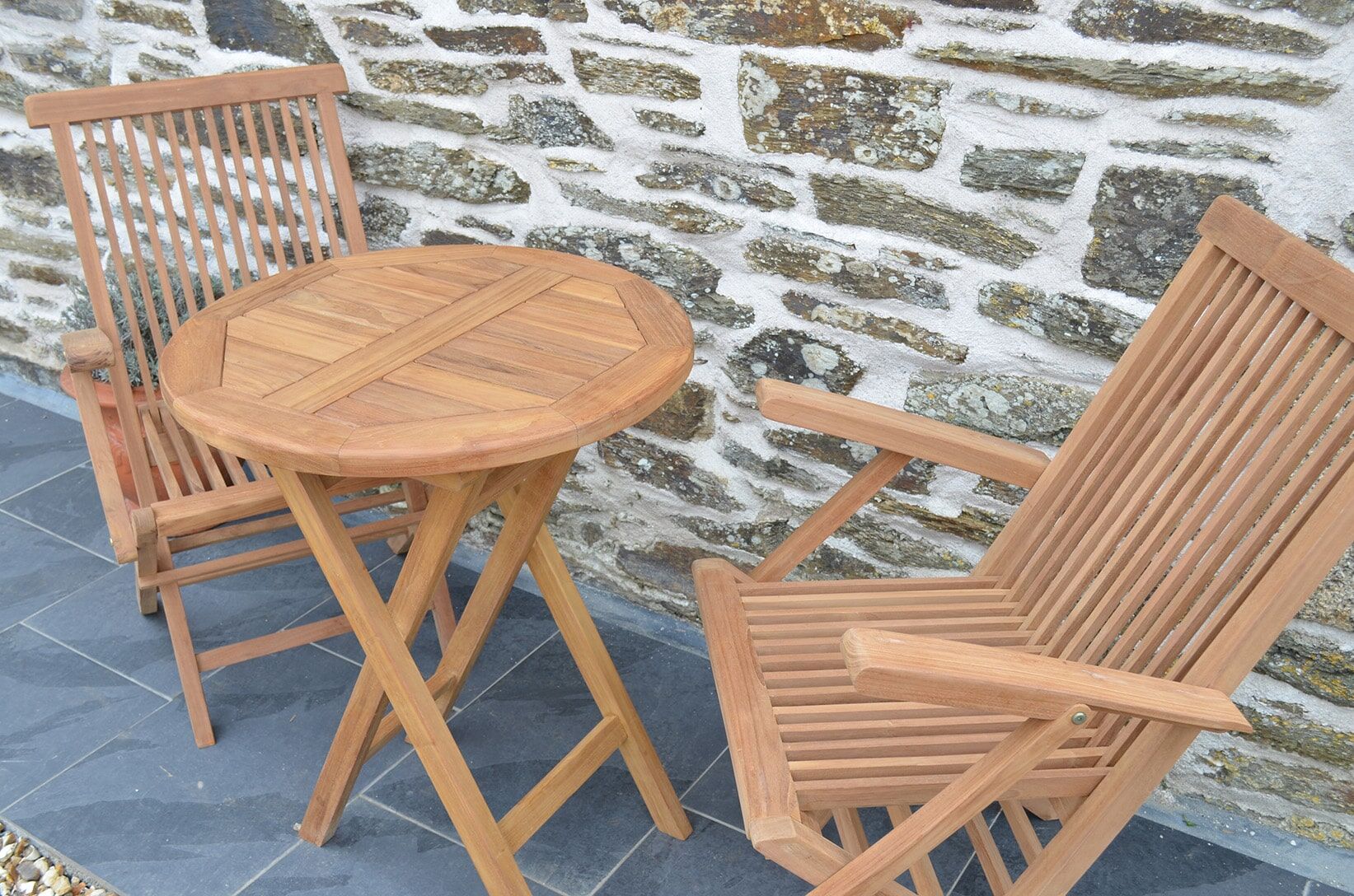 Teak Garden Bistro Set | 2 Seater Set | Mortimer 60cm Round Teak Folding Table with 2 Teak Folding Armchairs