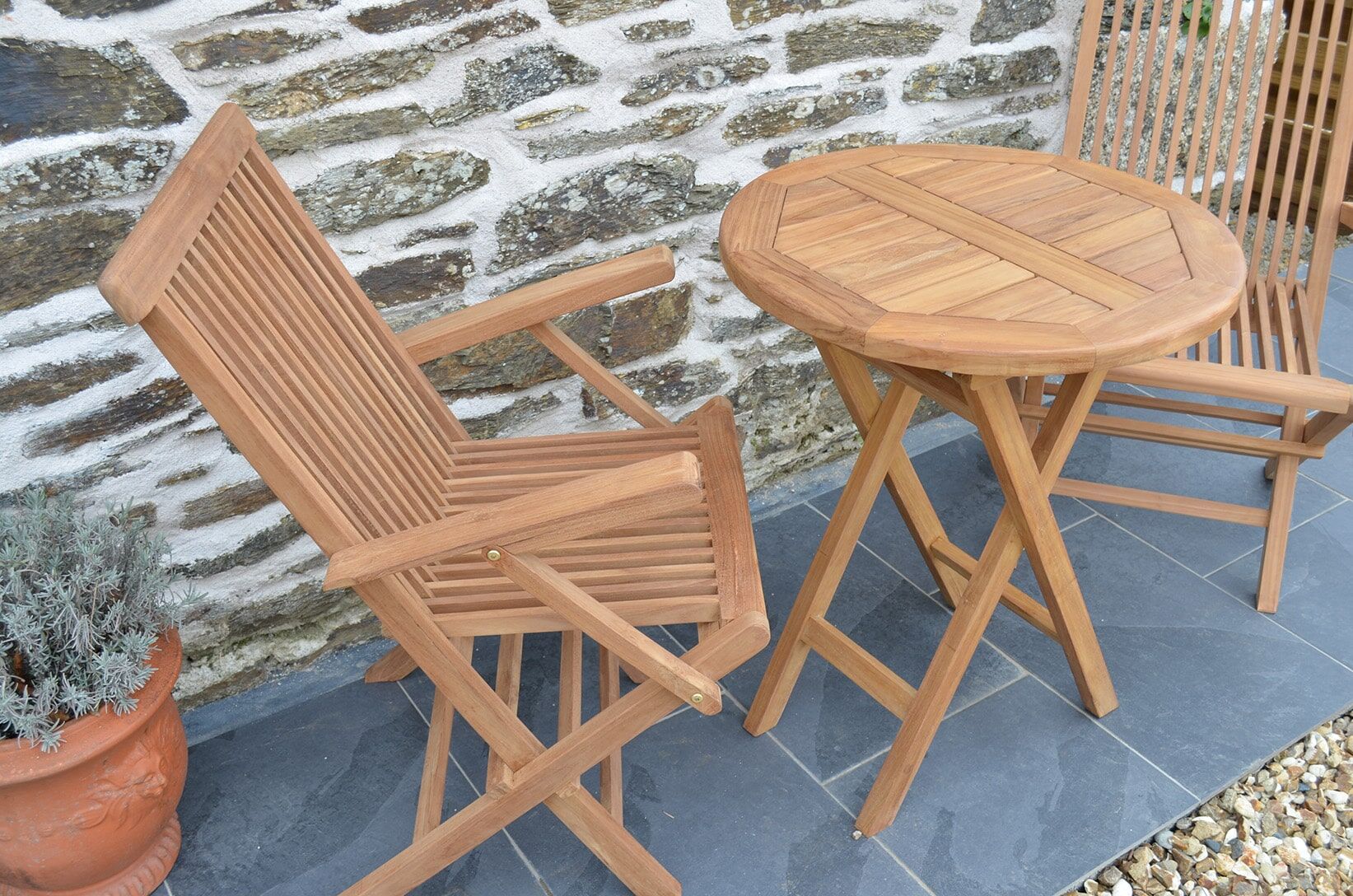 Teak Garden Bistro Set | 2 Seater Set | Mortimer 60cm Round Teak Folding Table with 2 Teak Folding Armchairs