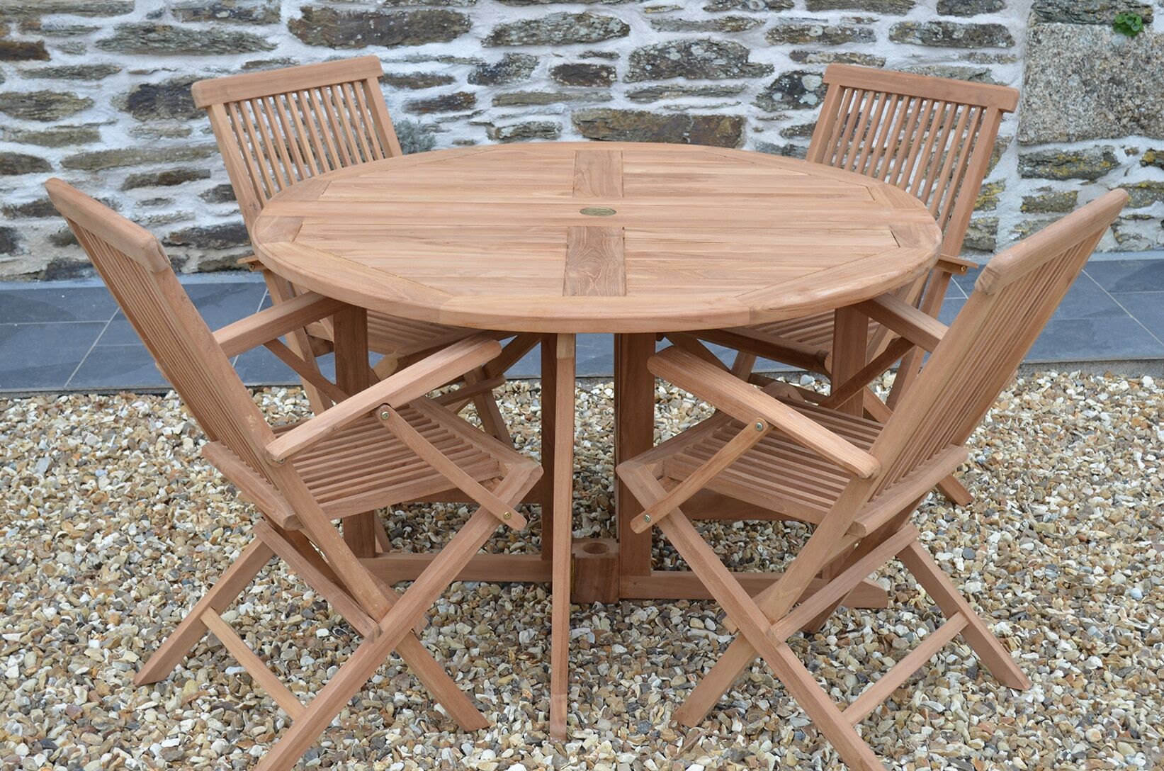 4 Seater Bucklebury Teak Garden Dining Set - Bucklebury 1.2m Round Gateleg Table with 4 Teak Folding Armchairs