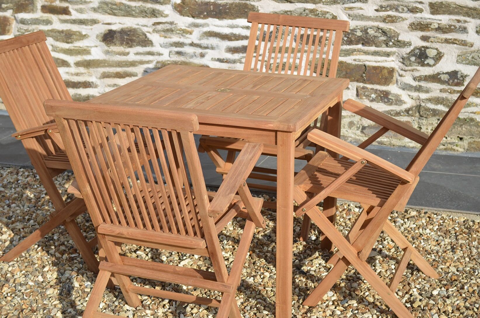 Teak Garden Dining Set | 4 Seater Set | Romsey 80cm Square Fixed Table with 4 Teak Folding Armchairs