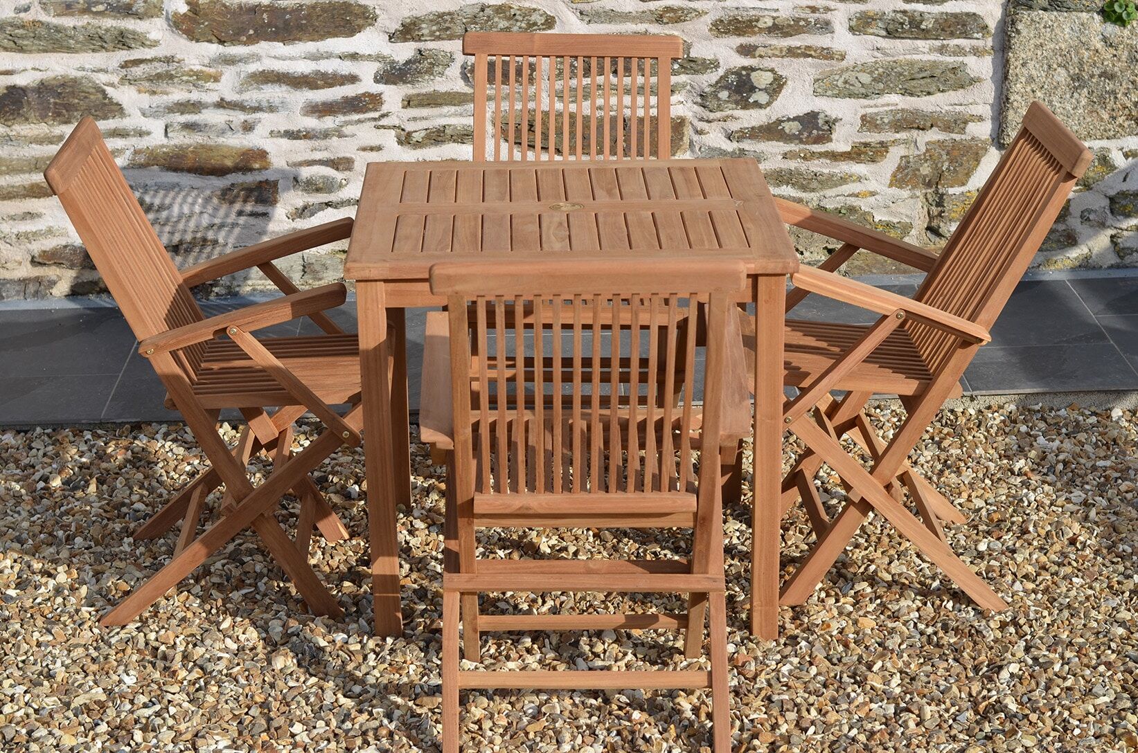 Teak Garden Dining Set | 4 Seater Set | Romsey 80cm Square Fixed Table with 4 Teak Folding Armchairs