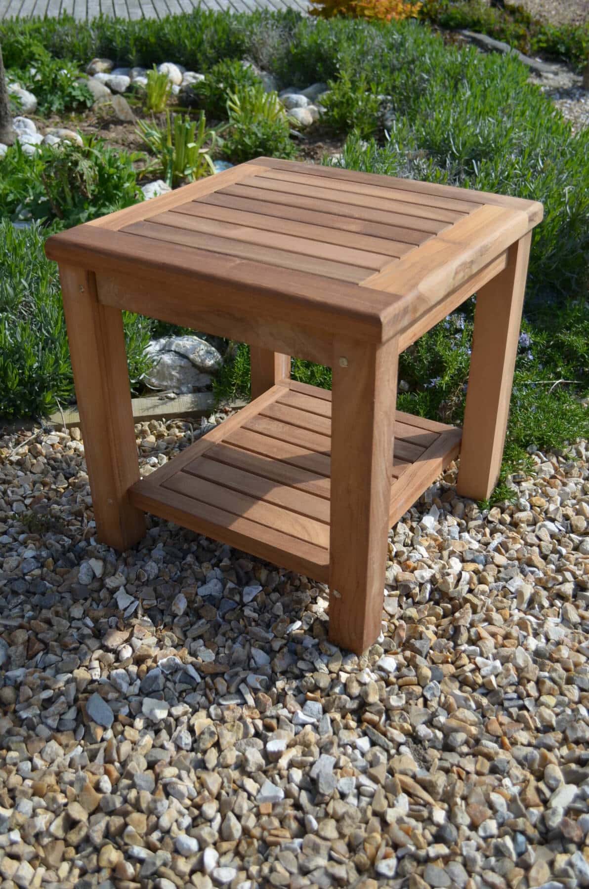 2 Seater Malmesbury Teak Garden Coffee Table Set - Malmesbury Teak 45cm Square Coffee Table with Shelf with 2 Teak Steamer Chairs