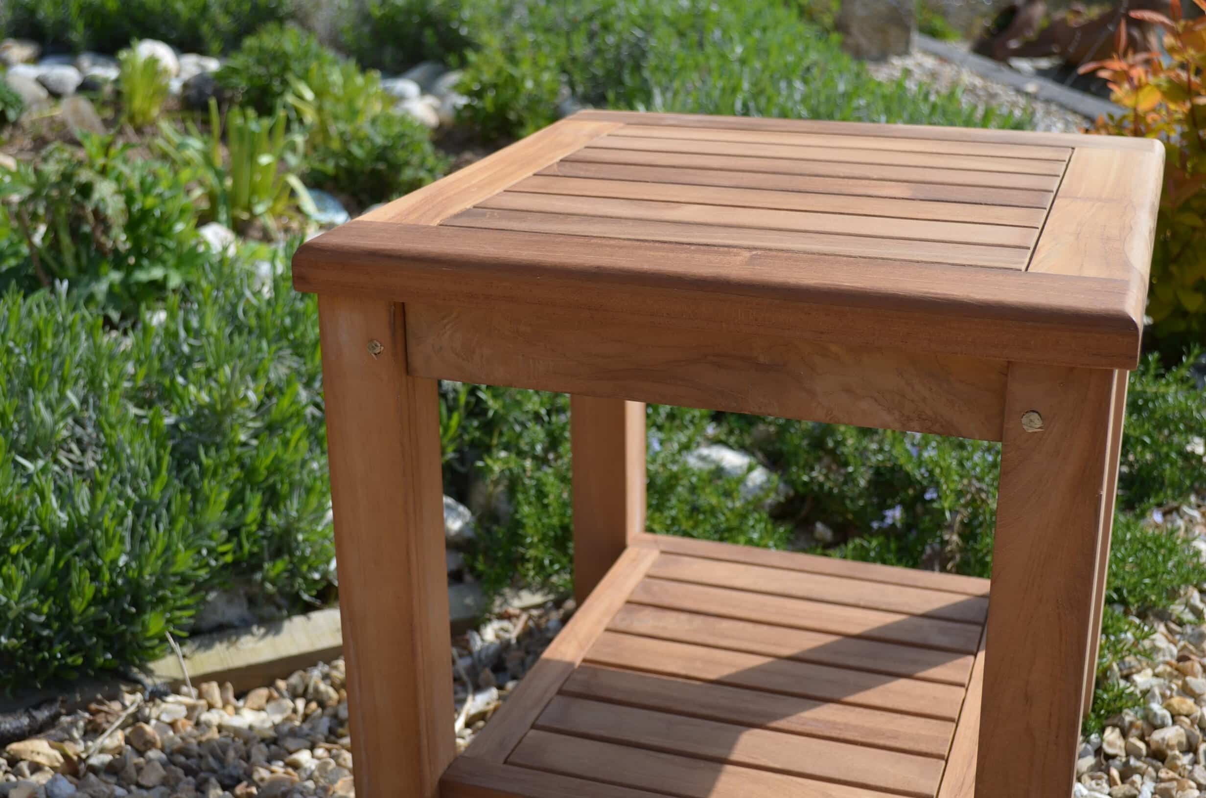 2 Seater Malmesbury Teak Garden Coffee Table Set - Malmesbury Teak 45cm Square Coffee Table with Shelf with 2 Teak Dining Chairs