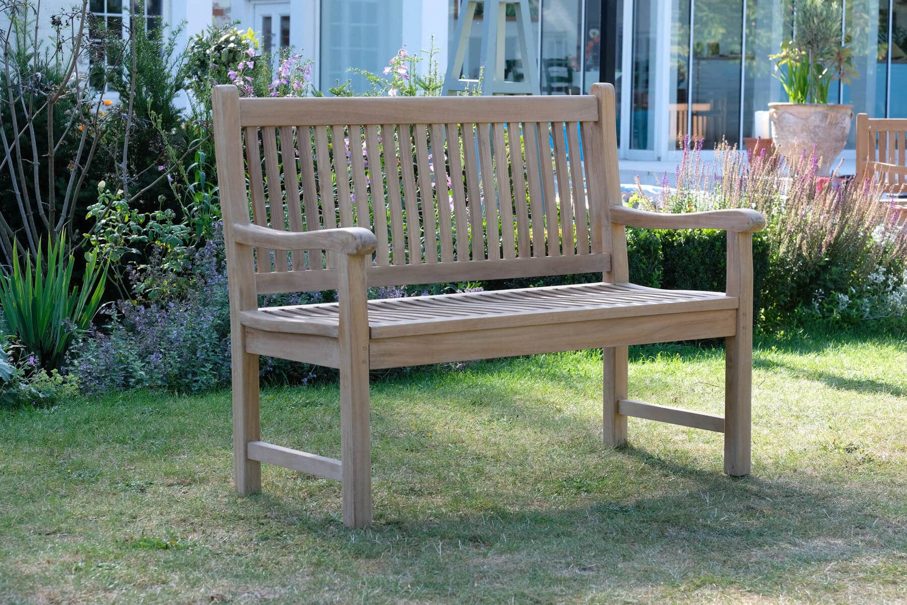 2 Seater Malmesbury Teak Garden Coffee Table Set - Malmesbury Teak 45cm Square Coffee Table with Shelf with a Teak 2 Seater Windsor Bench