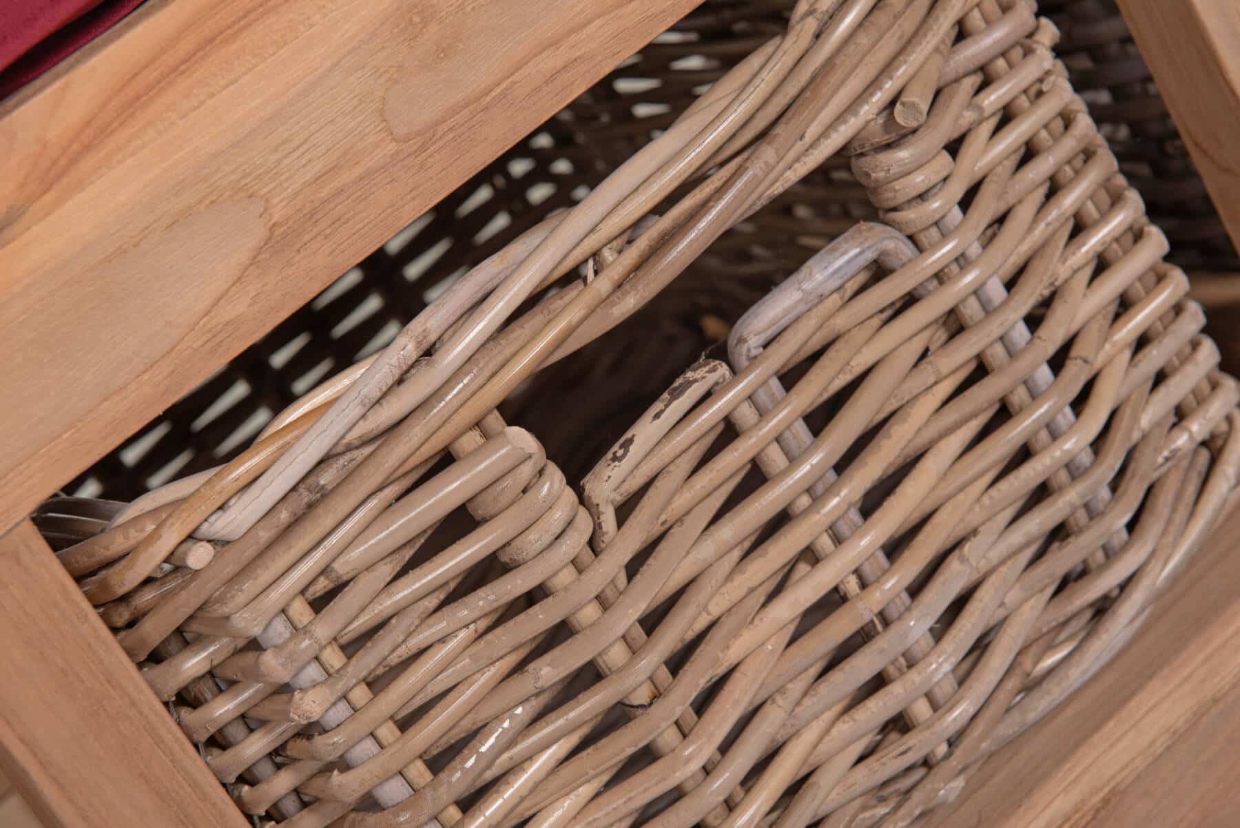 Hallway Bench with Cushions Reclaimed Teak- 2 Seater with 2 Rattan Basket Drawers