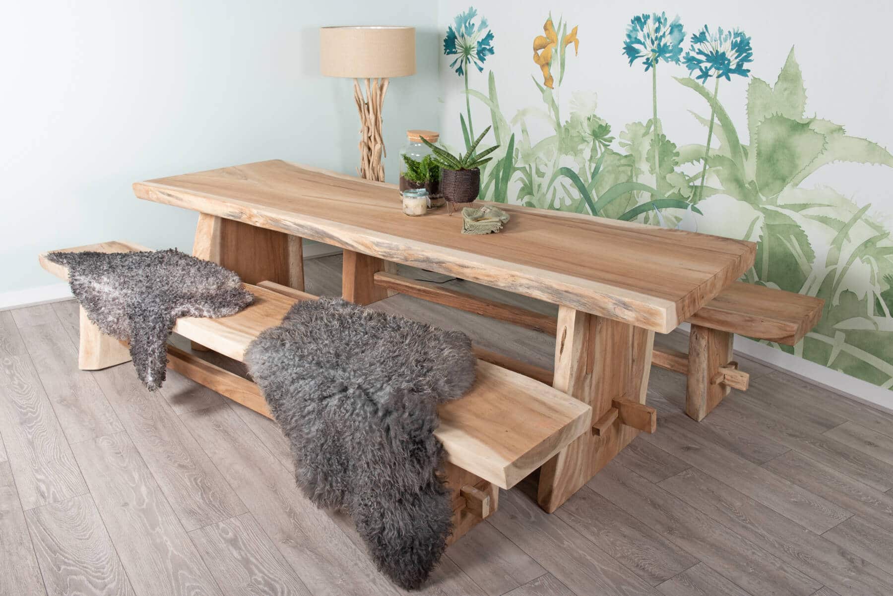10 Seater Live Edge Dining Set | 2.5m Solid Wood Live Edge Dining Table with 2 x 2.5m Live Edge Benches