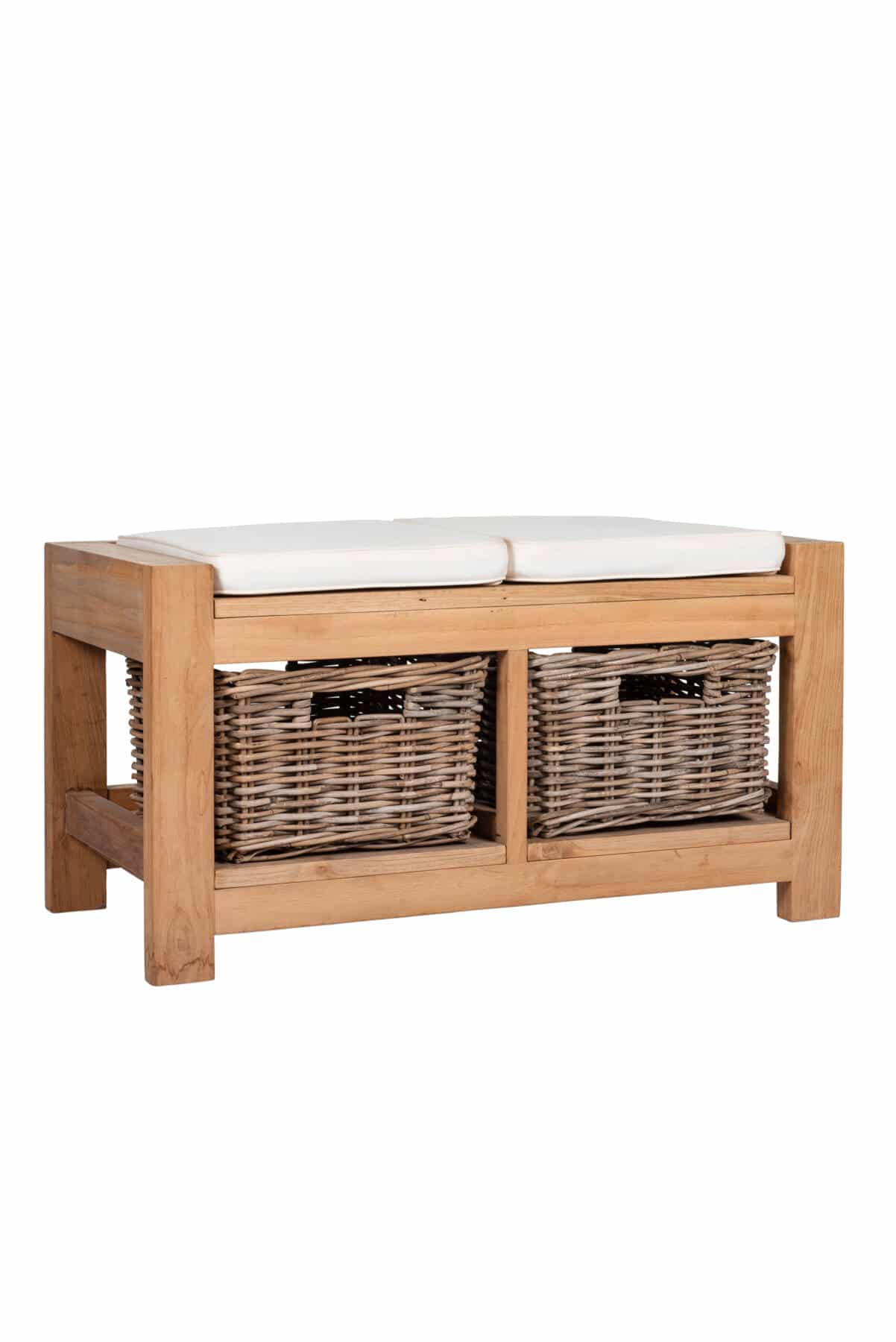 Hallway Bench with Cushions Reclaimed Teak- 2 Seater with 2 Rattan Basket Drawers