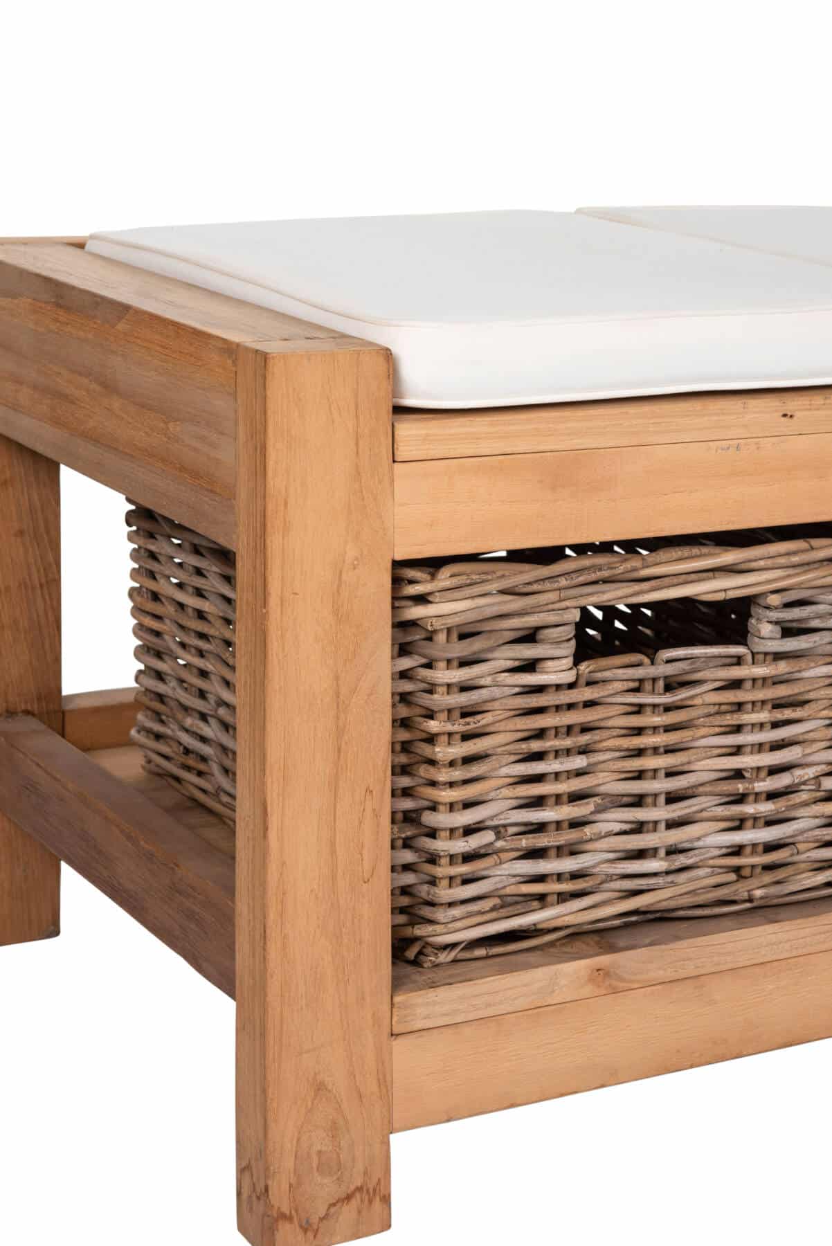 Hallway Bench with Cushions Reclaimed Teak- 2 Seater with 2 Rattan Basket Drawers