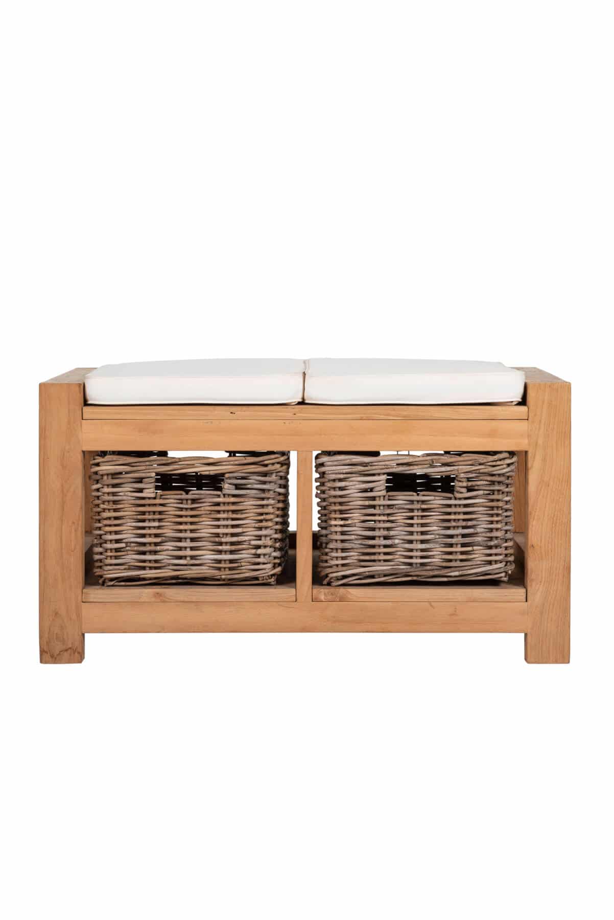 Hallway Bench with Cushions Reclaimed Teak- 2 Seater with 2 Rattan Basket Drawers