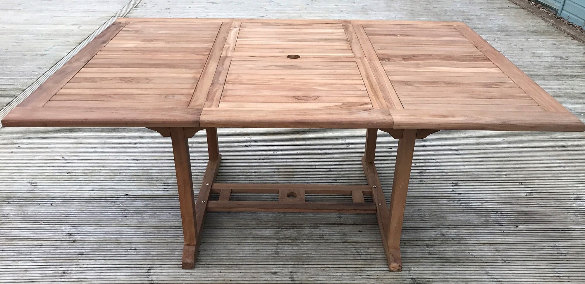 6 Seater Lewes Teak Garden Dining Set - Lewes 1.2m-1.8m Square Extending Table with 6 Teak Marlborough Stacking Armchairs
