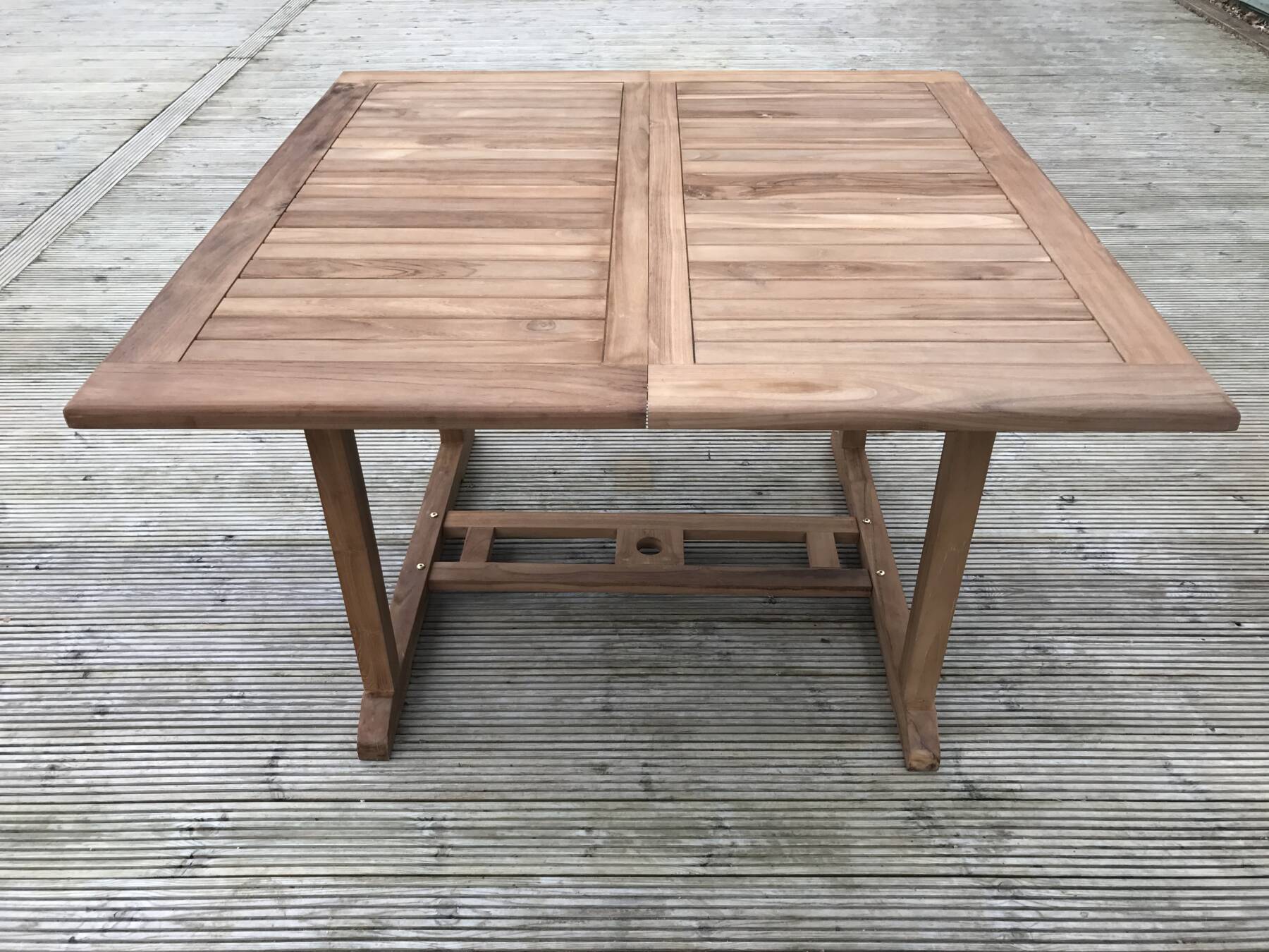 6 Seater Lewes Teak Garden Dining Set - Lewes 1.2m-1.8m Square Extending Table with 6 Teak Marlborough Stacking Armchairs
