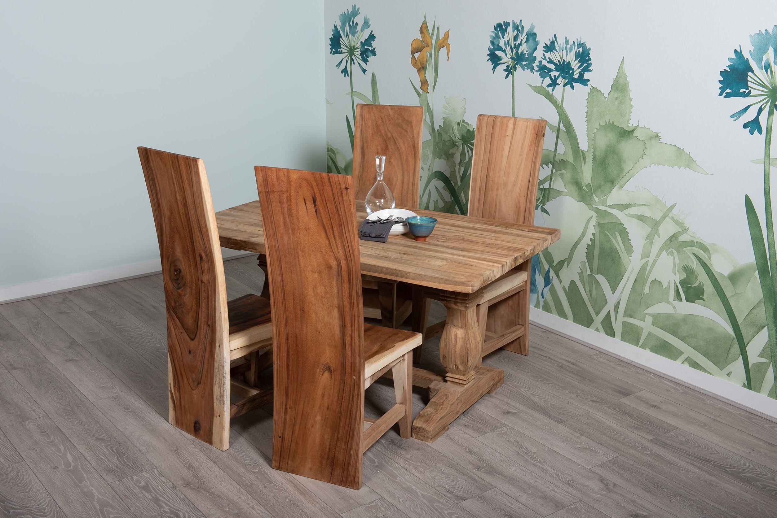 4 Seater Dining Set | 1.2m Rectangular Reclaimed Teak Dining Table with 4 Live Edge Dining Chairs Full Length Back