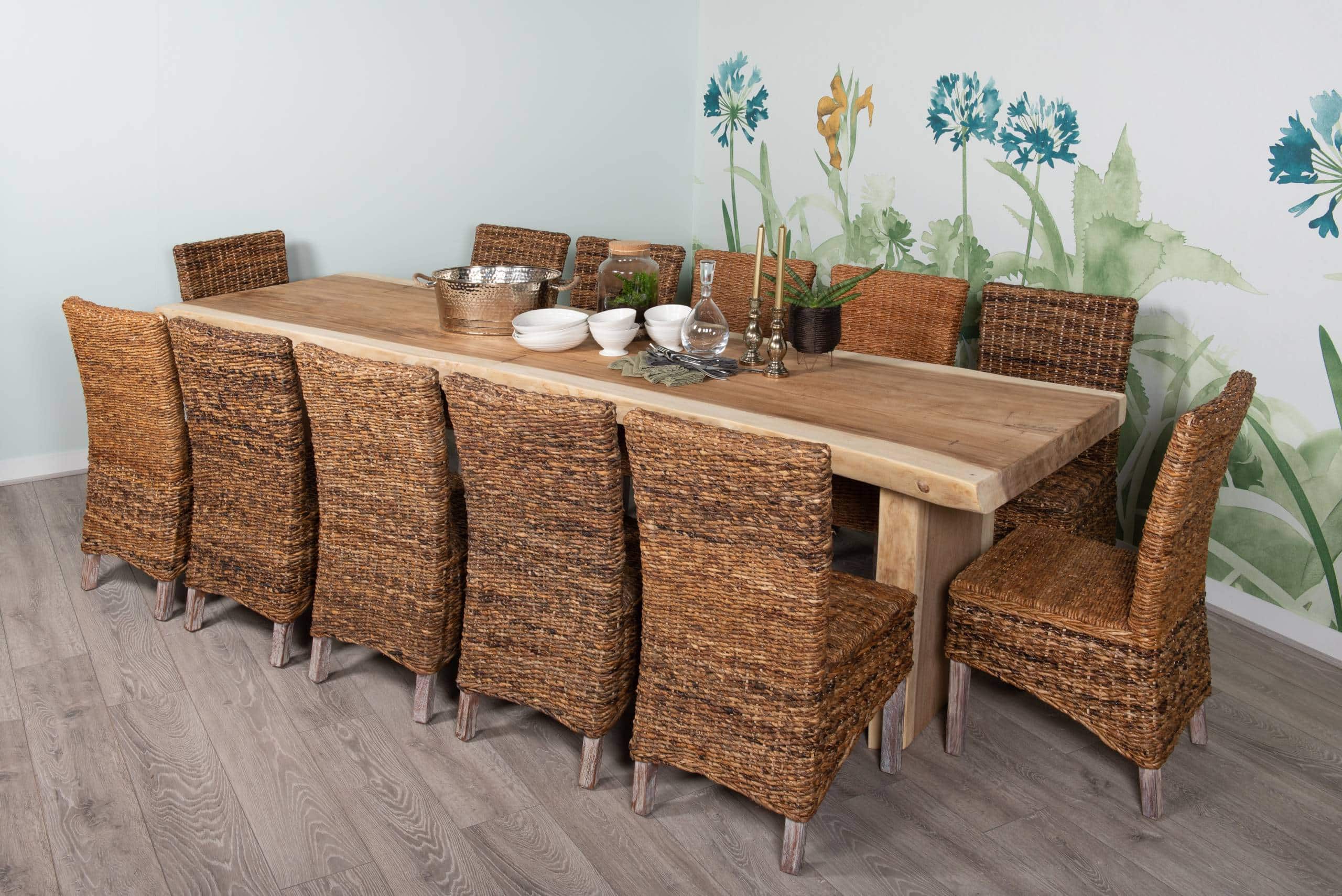 12 Seater Live Edge Dining Set | 3m Solid Wood Live Edge Dining Table with 12 Natural Banana Leaf Dining Chairs