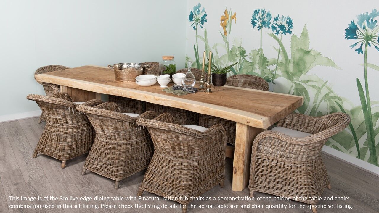 8 Seater Live Edge Dining Set | 2.5m Solid Wood Live Edge Dining Table with 8 Natural Kubu Rattan Curved Tub Chairs with Grey Cushion