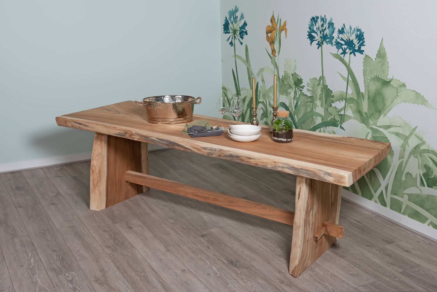 8 Seater Live Edge Dining Set | 2.5m Solid Wood Live Edge Dining Table with 8 Natural Kubu Rattan Curved Tub Chairs with Grey Cushion